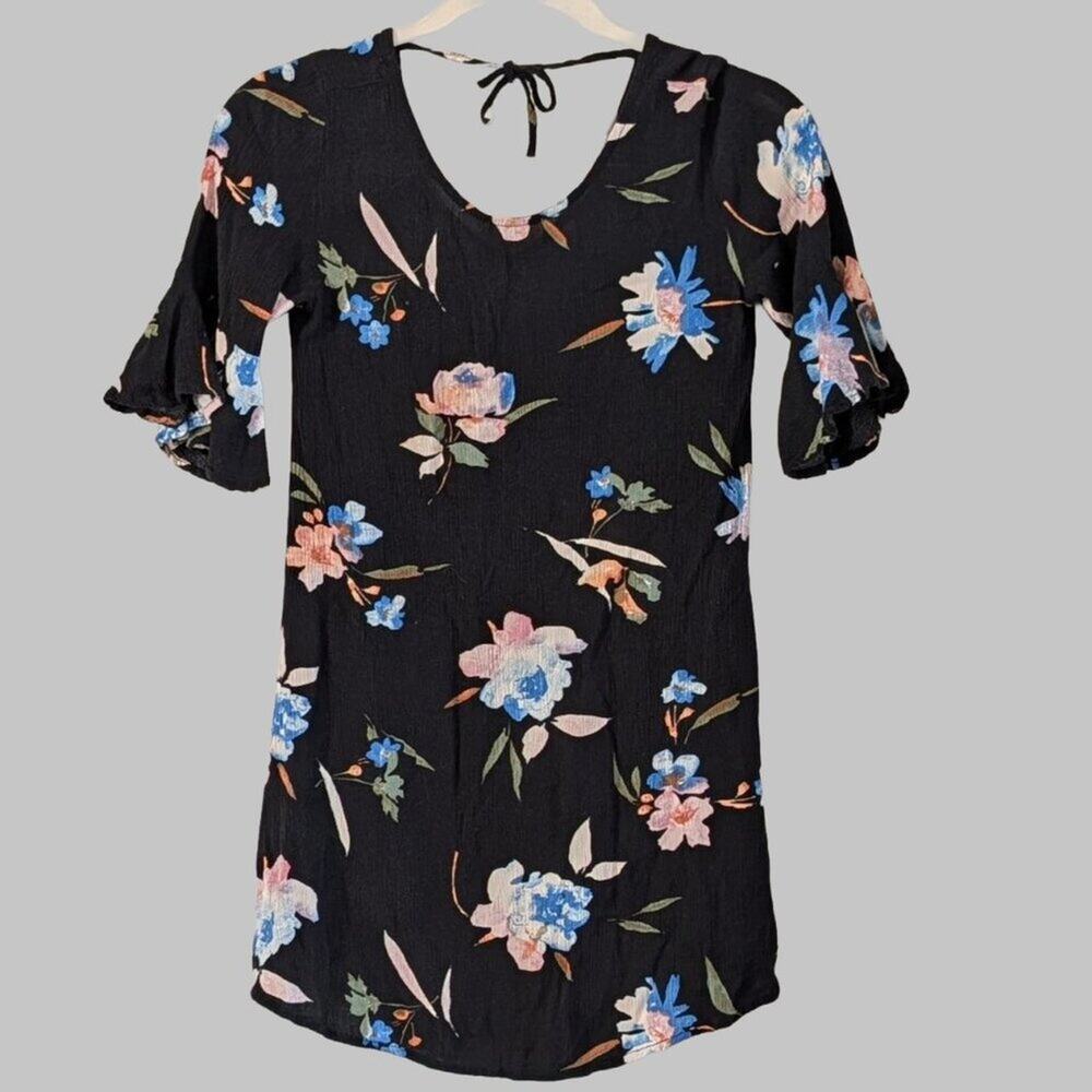 O'Neill Girls Black Floral Crinkle Dress Size M 10/12 Tie Back Boho Beach - Picture 3 of 8